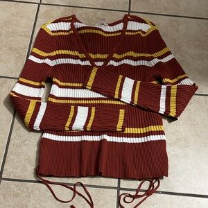 No Boundaries Striped V-Neck Sweater - Red, Yellow, White